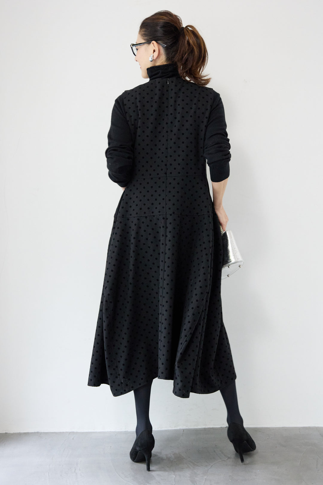 [SET]カシミヤ混 ハイネックニット+フロッキードット フレアジャンパースカート(2set)