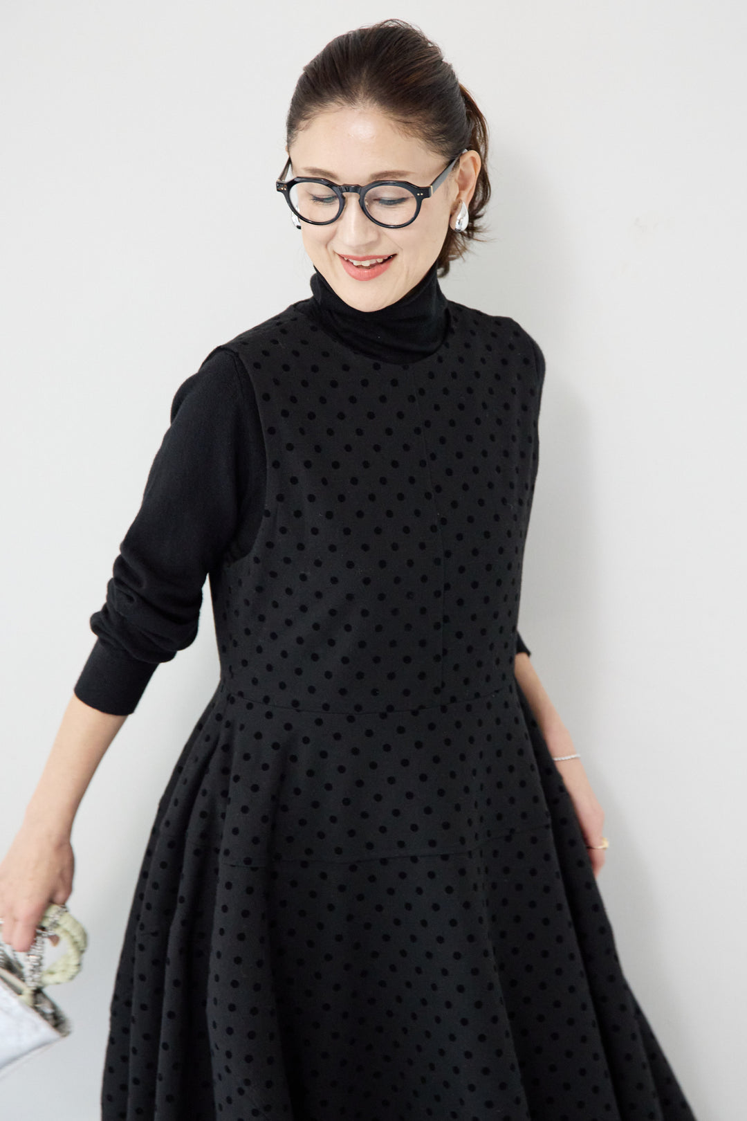 [SET]カシミヤ混 ハイネックニット+フロッキードット フレアジャンパースカート(2set)