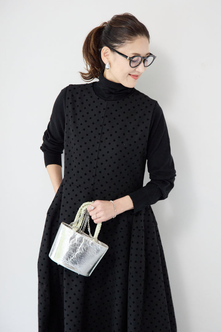 [SET]カシミヤ混 ハイネックニット+フロッキードット フレアジャンパースカート(2set)