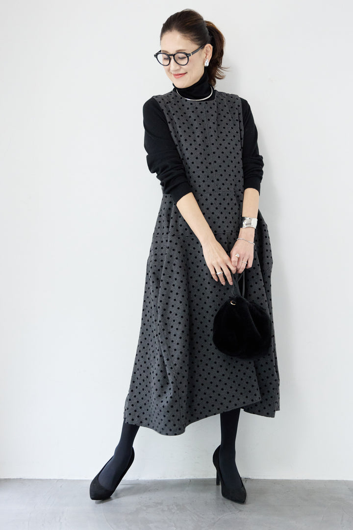 [SET]カシミヤ混 ハイネックニット+フロッキードット フレアジャンパースカート(2set)