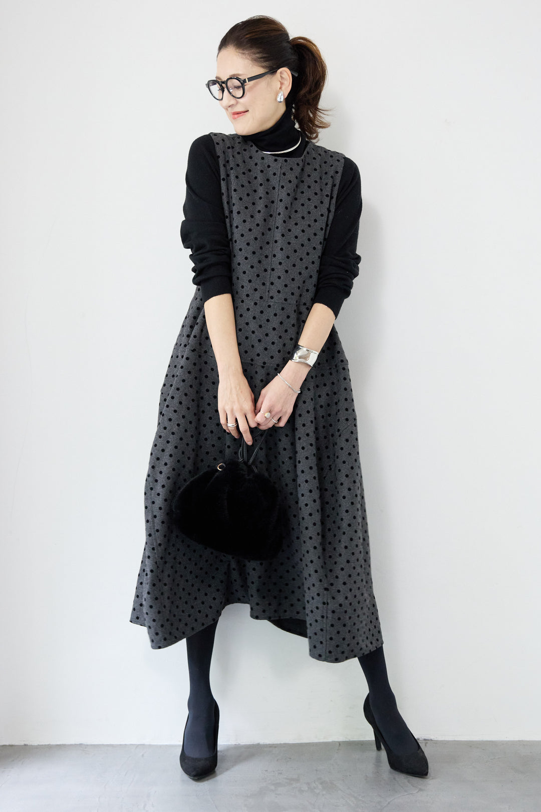 [SET]カシミヤ混 ハイネックニット+フロッキードット フレアジャンパースカート(2set)