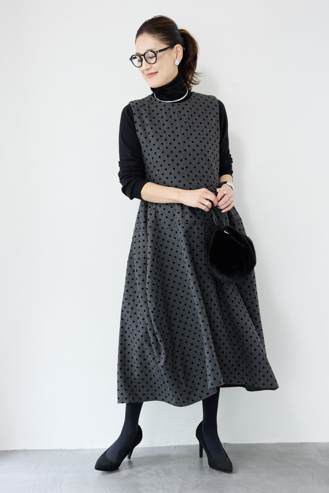 [SET]カシミヤ混 ハイネックニット+フロッキードット フレアジャンパースカート(2set)