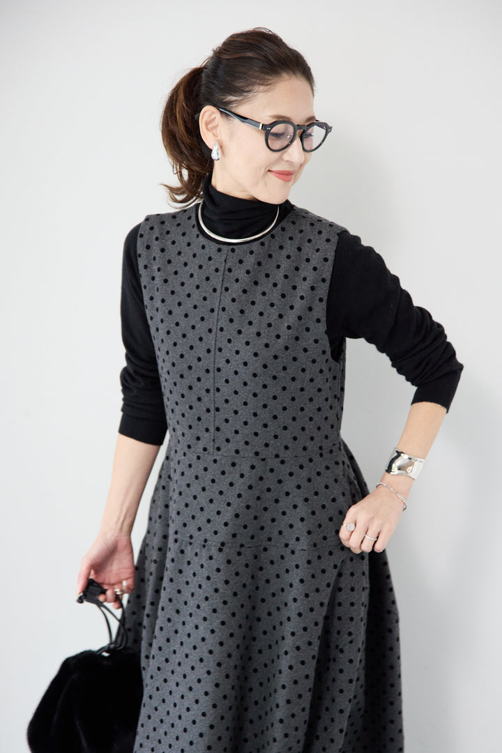 [SET]カシミヤ混 ハイネックニット+フロッキードット フレアジャンパースカート(2set)