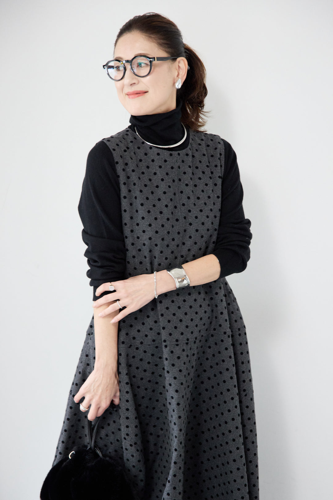 [SET]カシミヤ混 ハイネックニット+フロッキードット フレアジャンパースカート(2set)