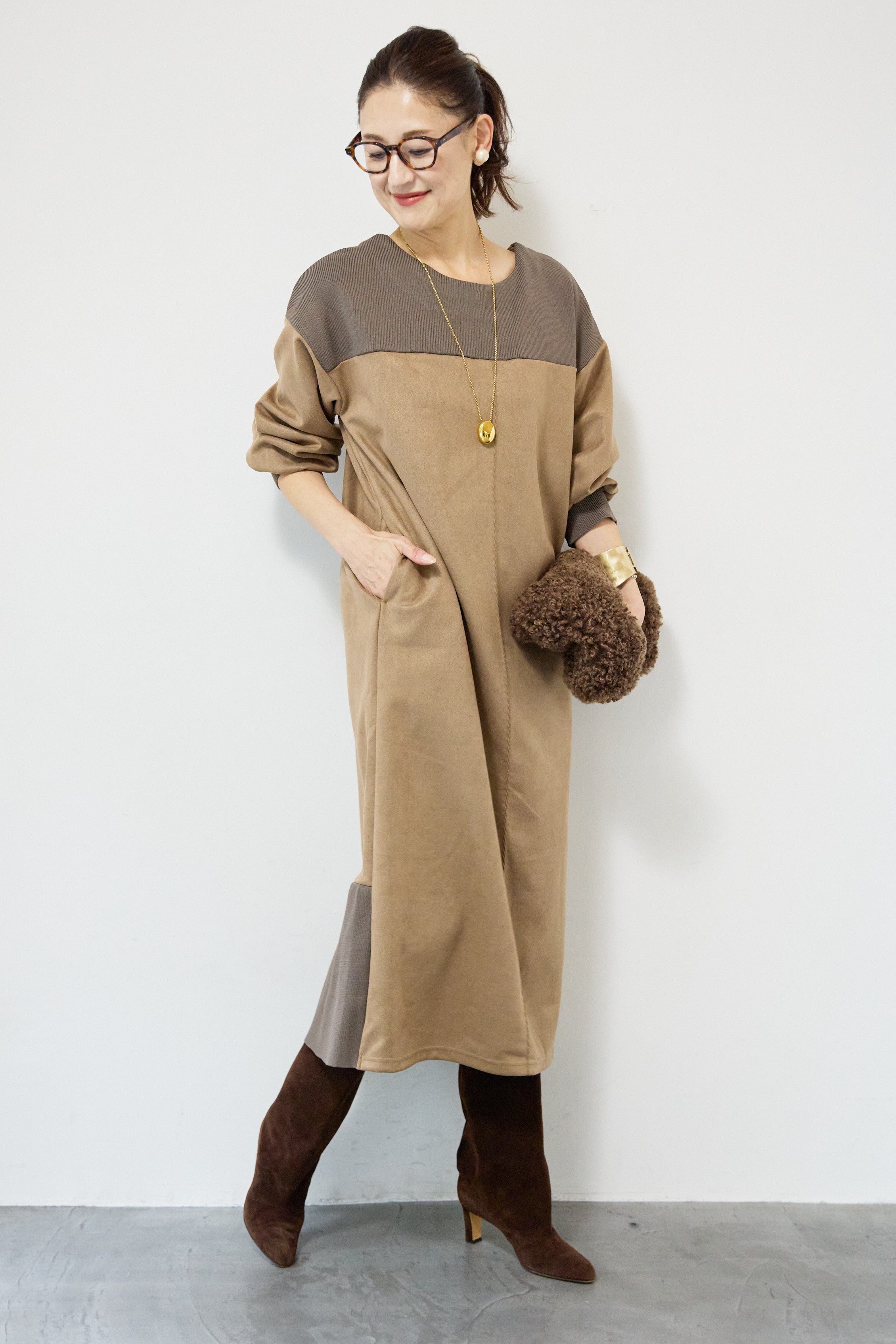 【未使用タグ付】PLUS OTO.HAスエード×ニット2wayワンピース スエード×リブニット2WAYワンピース – plusotoha