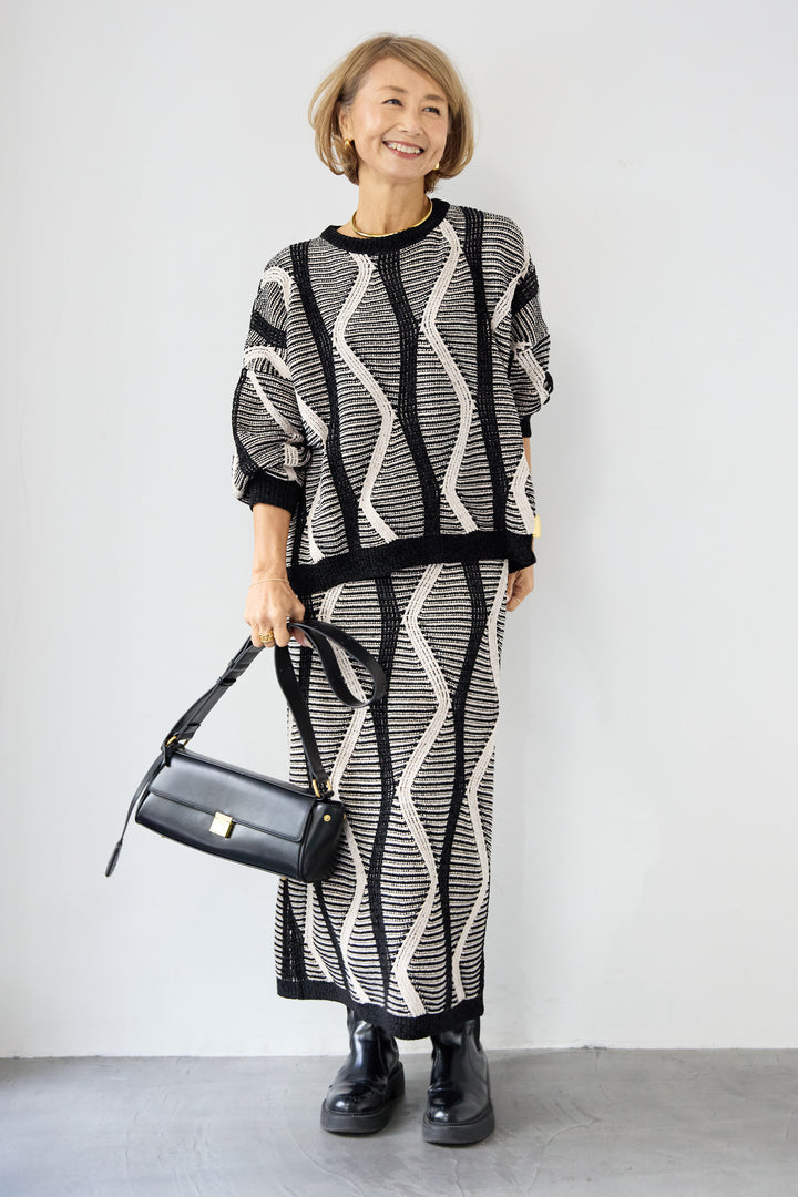 [SET]モールヤーン ジャガードニットプルオーバー+モールヤーン ジャガード Iラインスカート(2set)