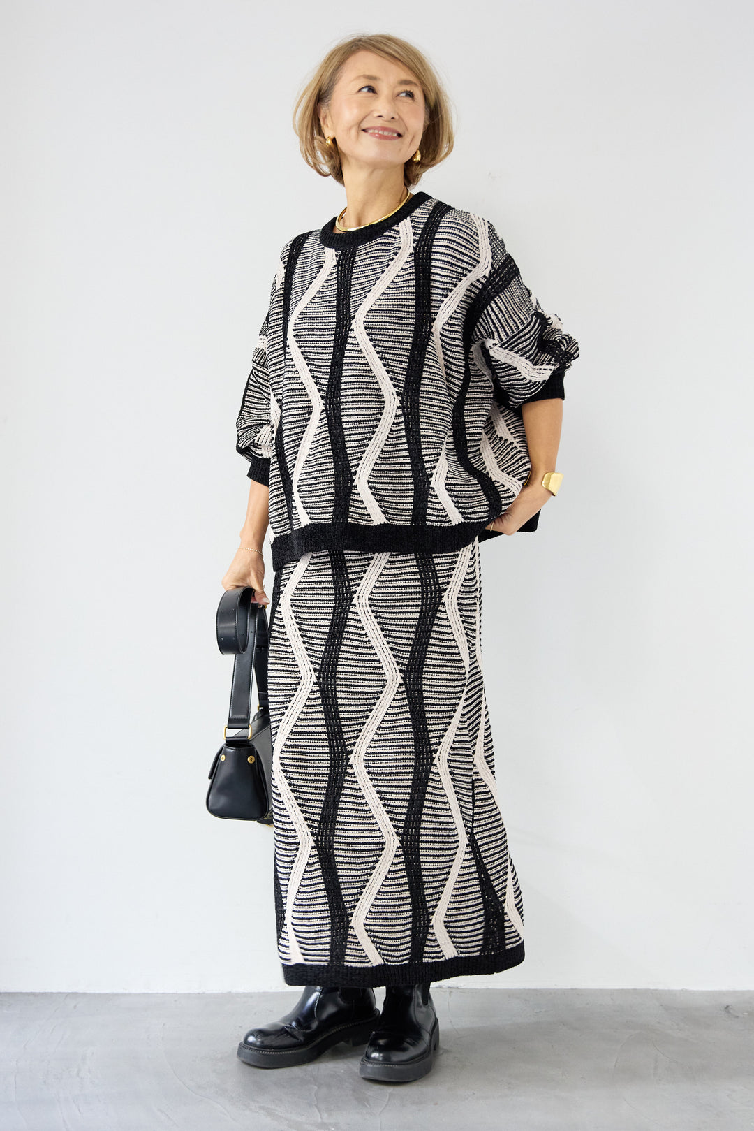 [SET]モールヤーン ジャガードニットプルオーバー+モールヤーン ジャガード Iラインスカート(2set)