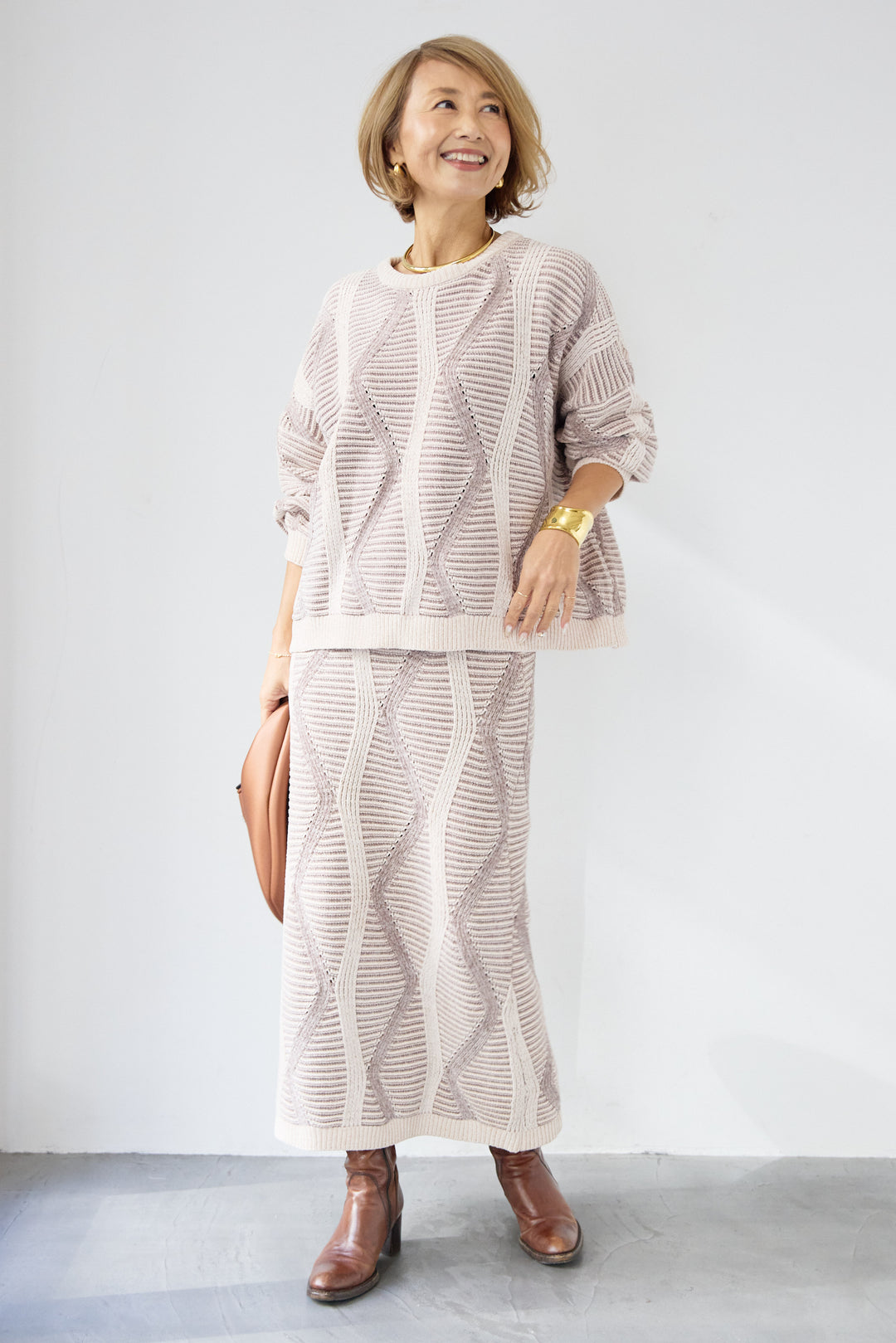 [SET]モールヤーン ジャガードニットプルオーバー+モールヤーン ジャガード Iラインスカート(2set)