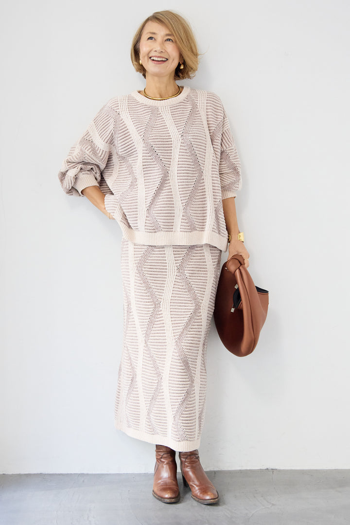 [SET]モールヤーン ジャガードニットプルオーバー+モールヤーン ジャガード Iラインスカート(2set)