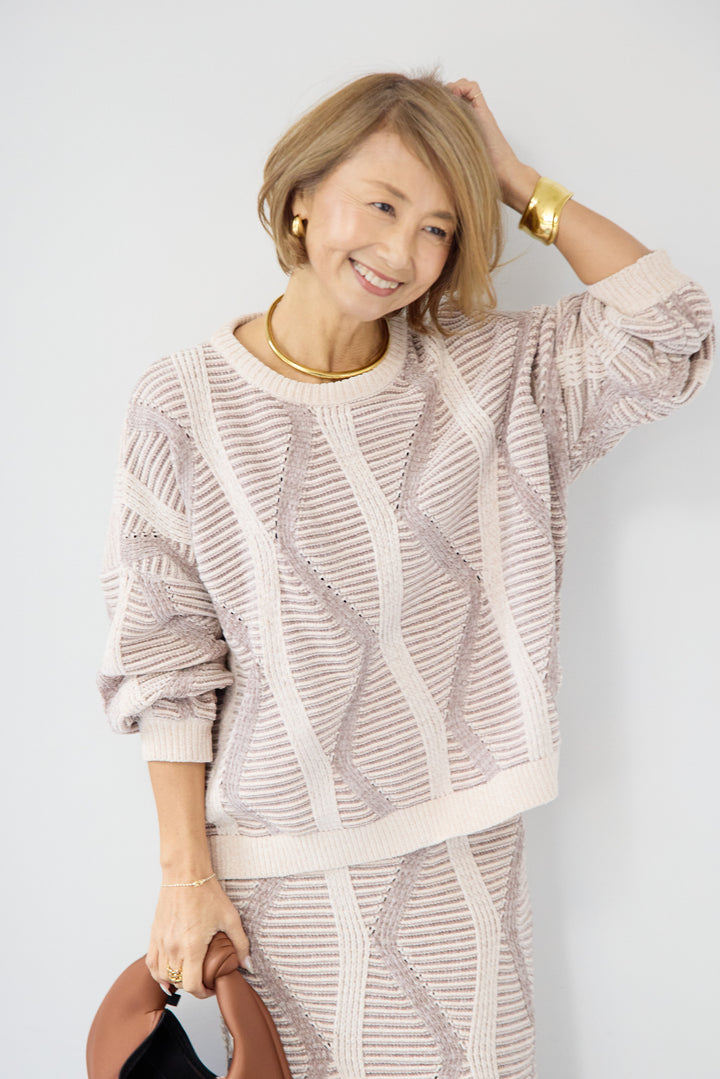 [SET]モールヤーン ジャガードニットプルオーバー+モールヤーン ジャガード Iラインスカート(2set)