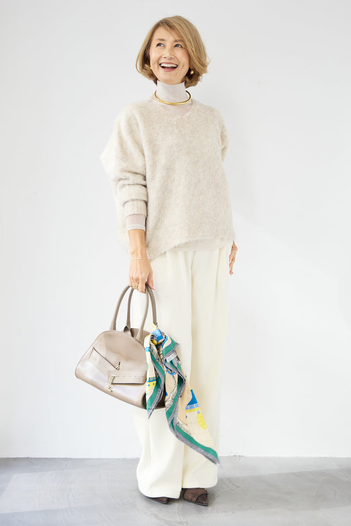 [SET]ヘアリーブークレVネックニット+裏起毛イージーワイドパンツ(2set)