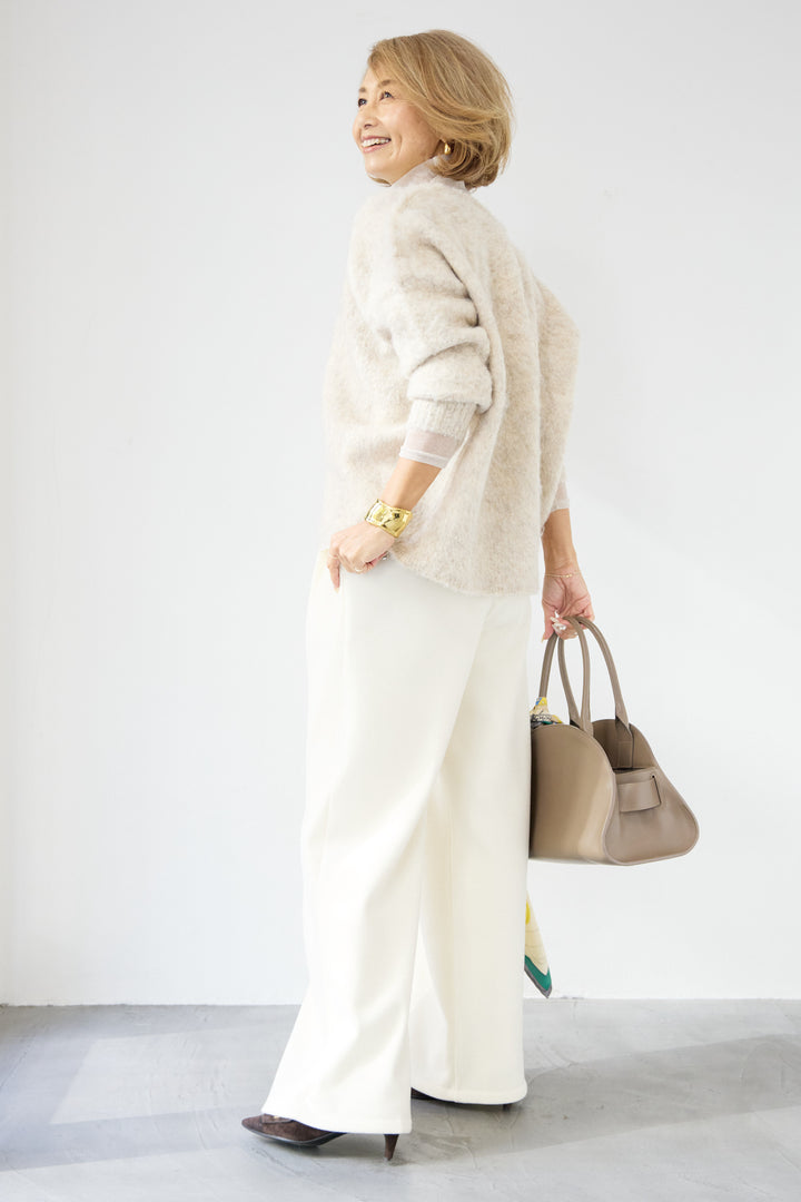 [SET]ヘアリーブークレVネックニット+裏起毛イージーワイドパンツ(2set)