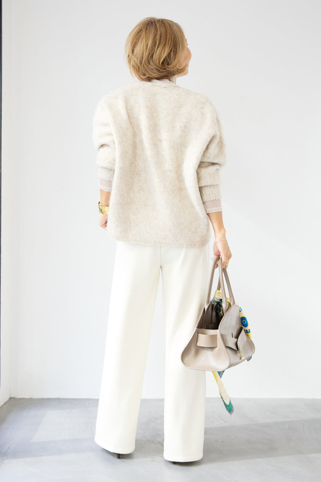 [SET]ヘアリーブークレVネックニット+裏起毛イージーワイドパンツ(2set)