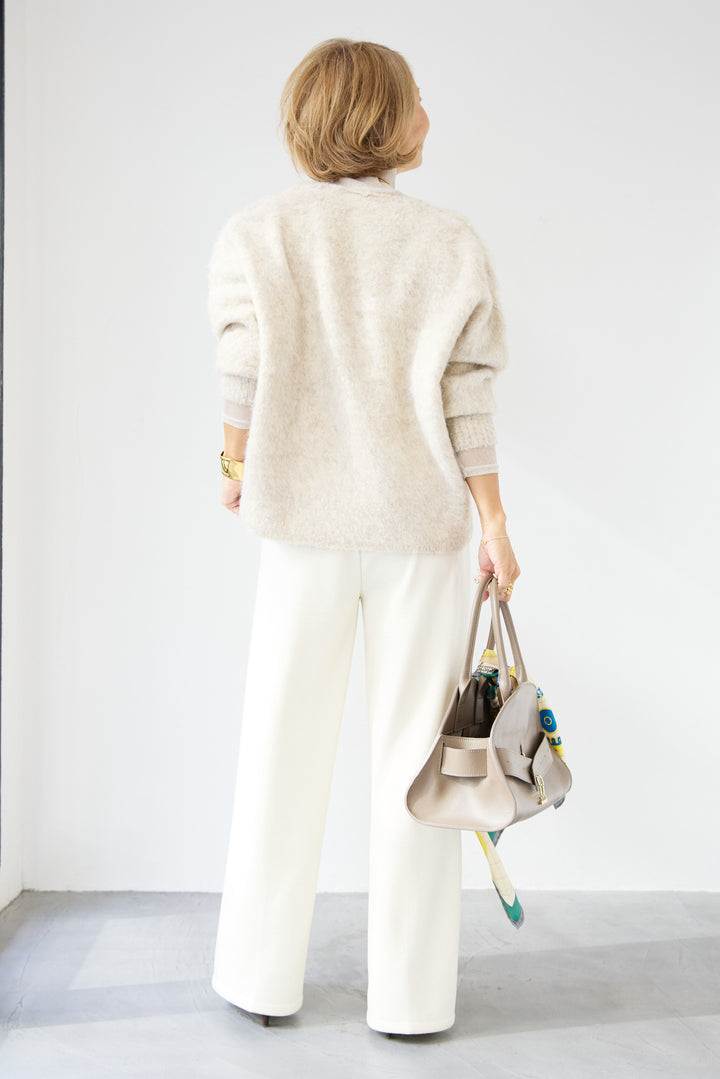 [SET]ヘアリーブークレVネックニット+裏起毛イージーワイドパンツ(2set)