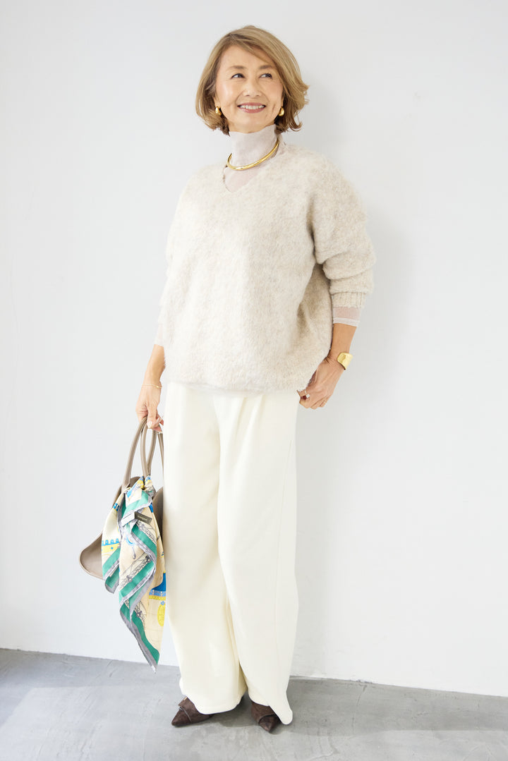 [SET]ヘアリーブークレVネックニット+裏起毛イージーワイドパンツ(2set)