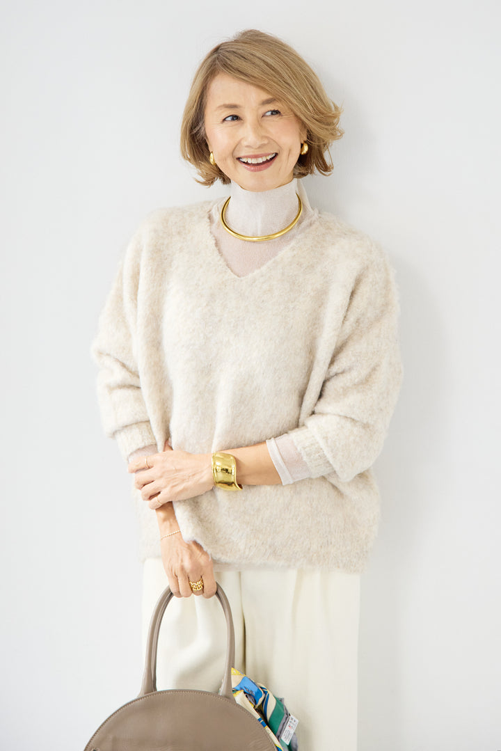 [SET]ヘアリーブークレVネックニット+裏起毛イージーワイドパンツ(2set)