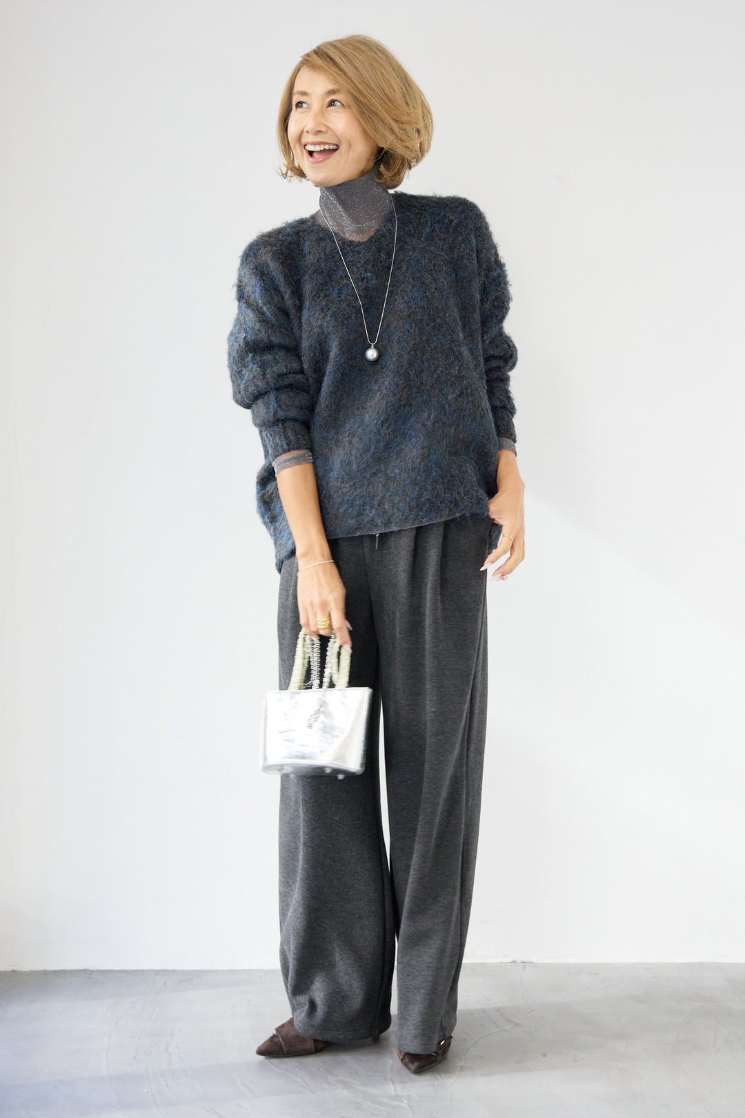 [SET]ヘアリーブークレVネックニット+裏起毛イージーワイドパンツ(2set)