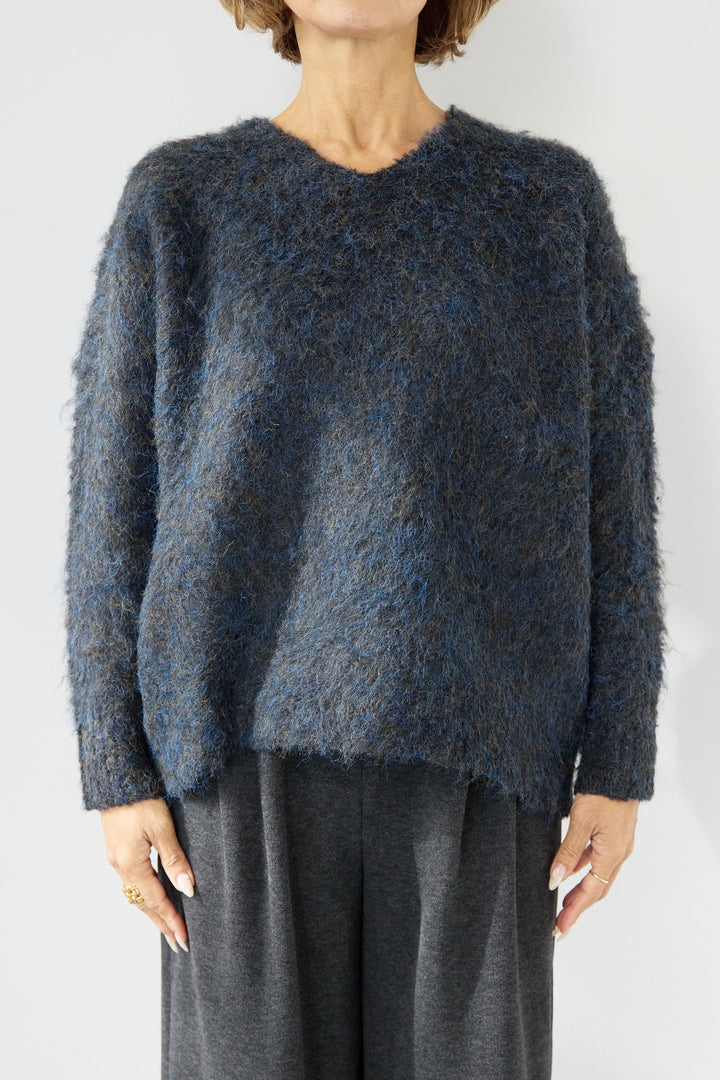 [SET]ヘアリーブークレVネックニット+裏起毛イージーワイドパンツ(2set)