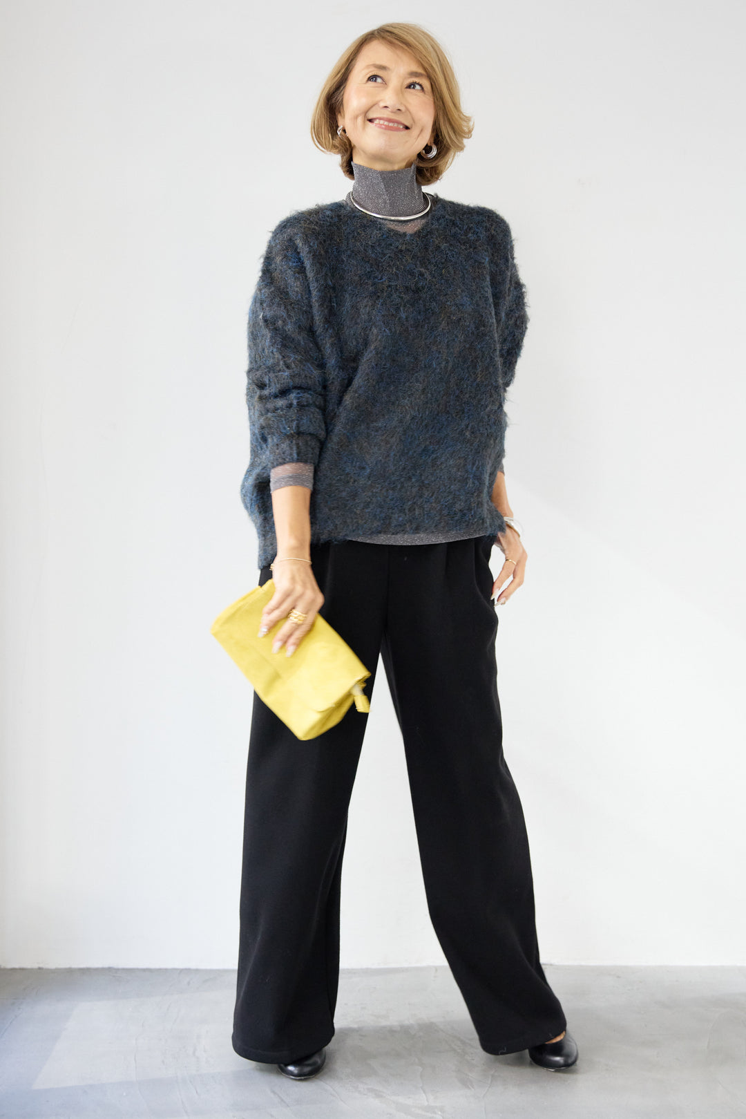 [SET]ヘアリーブークレVネックニット+裏起毛イージーワイドパンツ(2set)