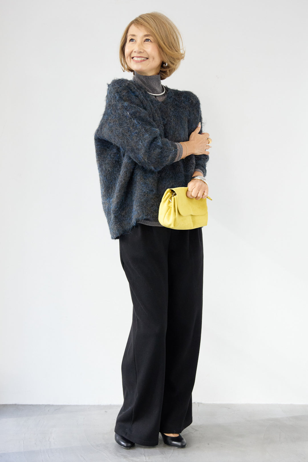 [SET]ヘアリーブークレVネックニット+裏起毛イージーワイドパンツ(2set)