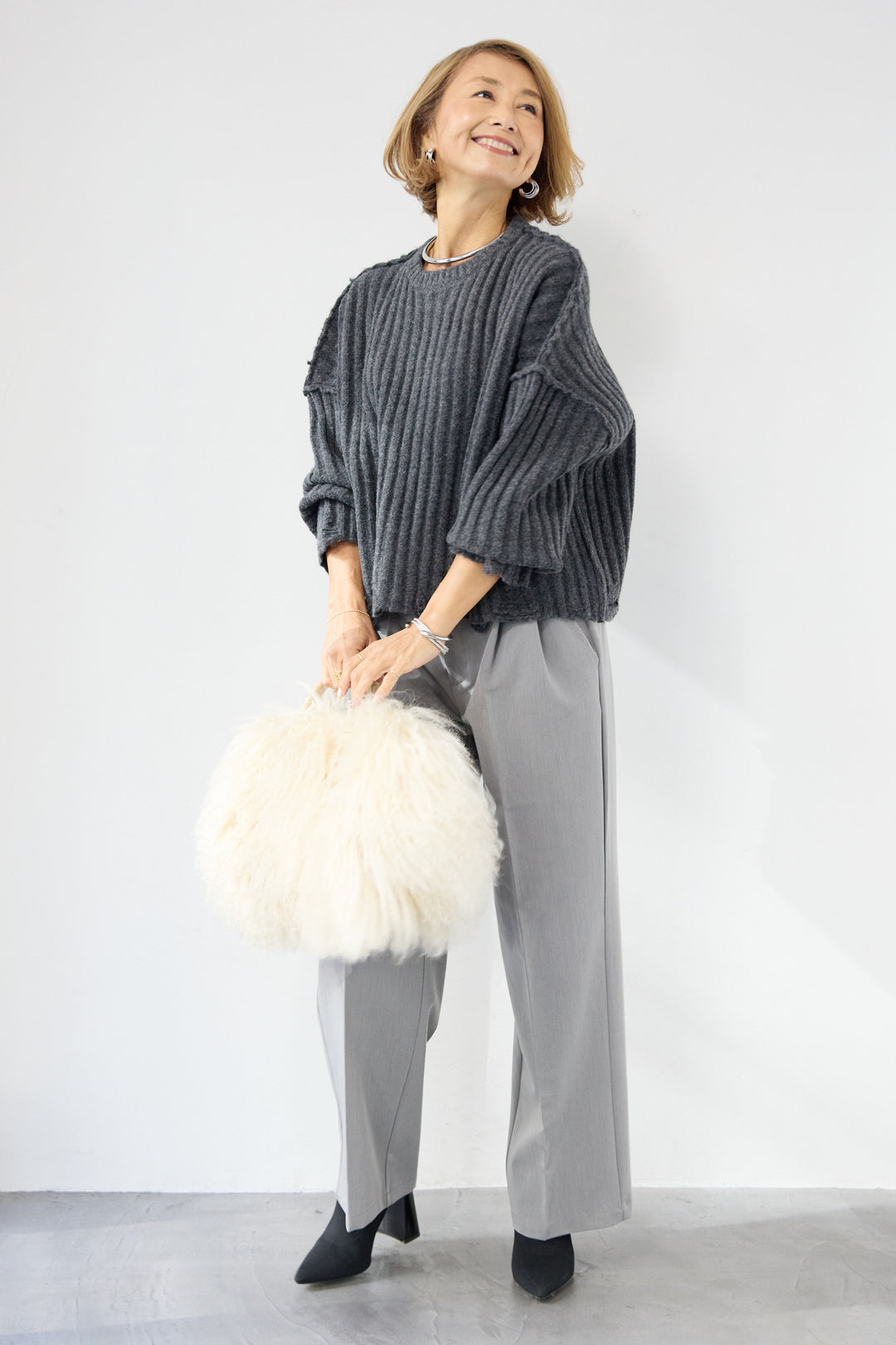 [SET]ダメージデザインニット+センタープレスタックパンツ(2set)