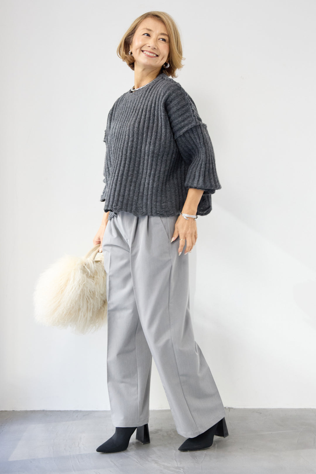 [SET]ダメージデザインニット+センタープレスタックパンツ(2set)