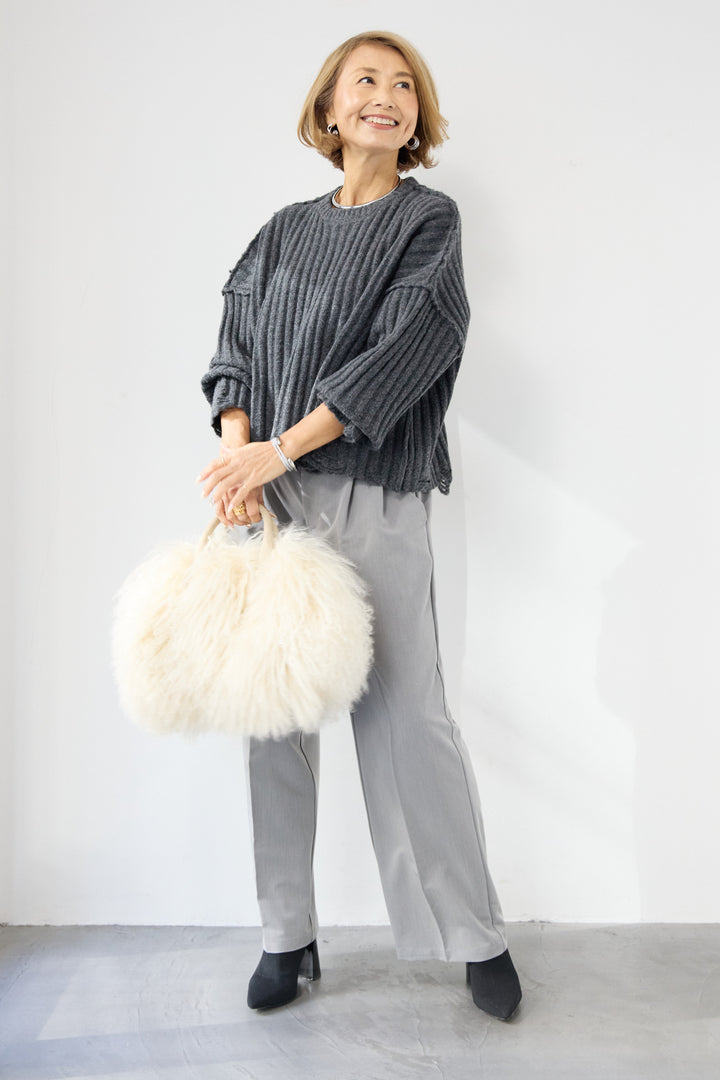 [SET]ダメージデザインニット+センタープレスタックパンツ(2set)