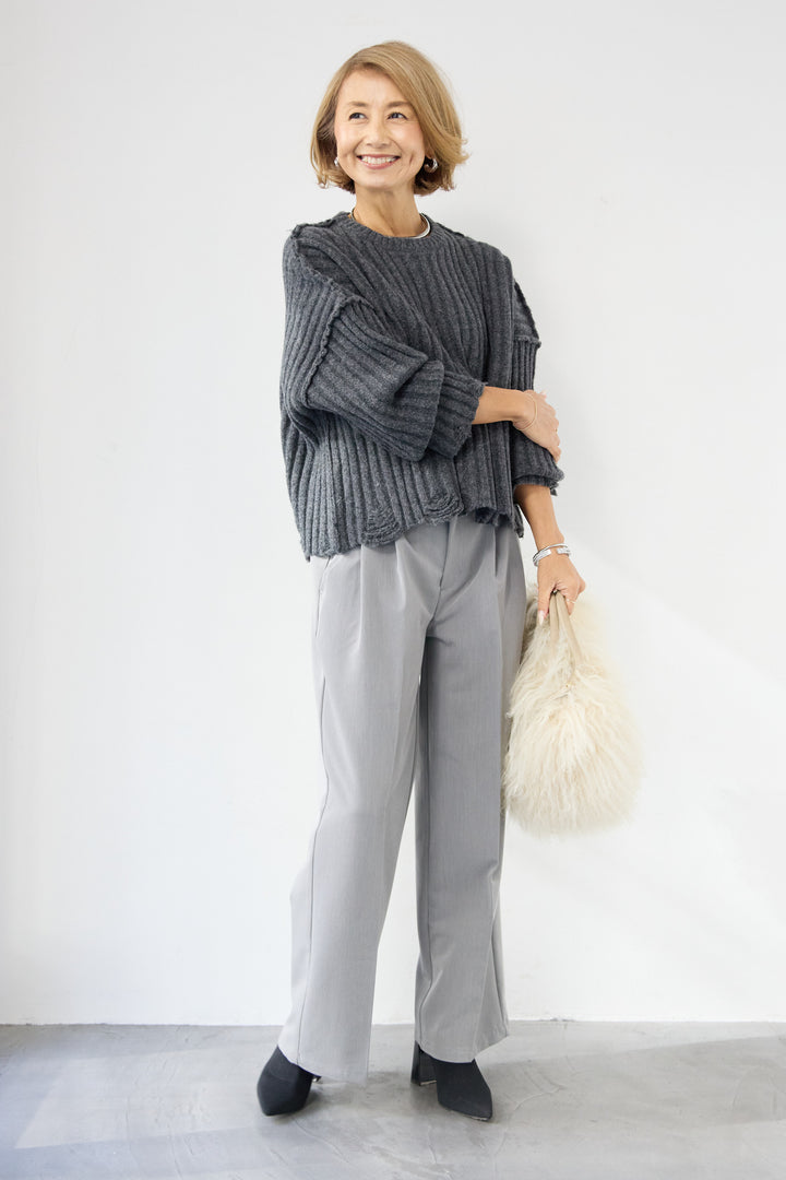 [SET]ダメージデザインニット+センタープレスタックパンツ(2set)