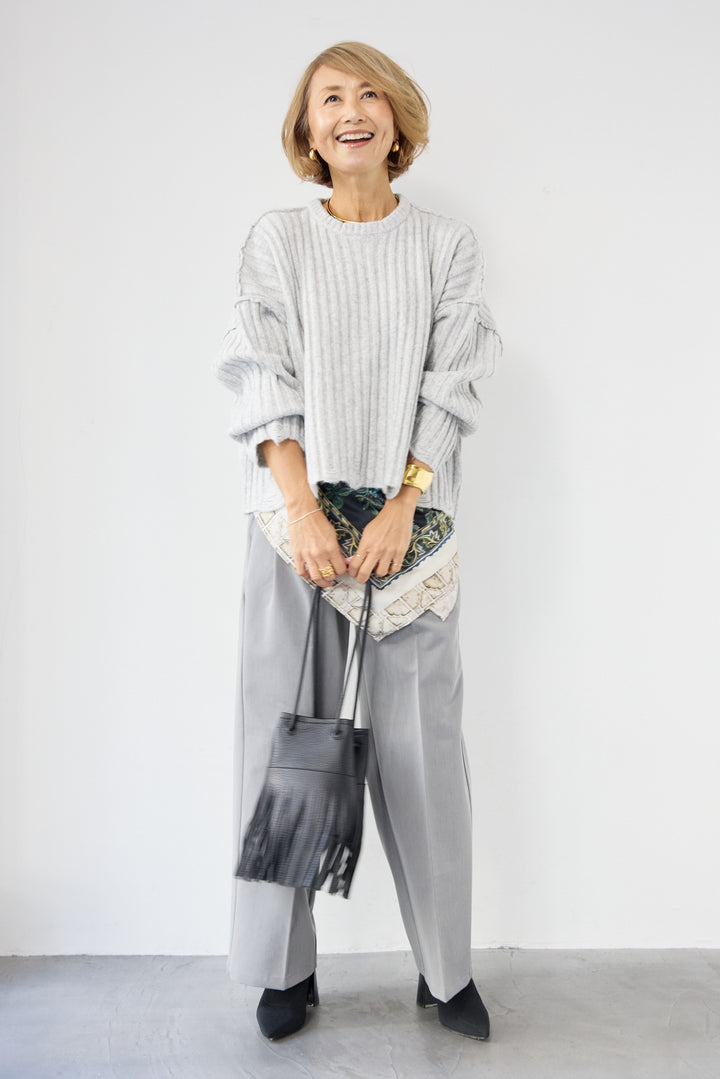 [SET]ダメージデザインニット+センタープレスタックパンツ(2set)