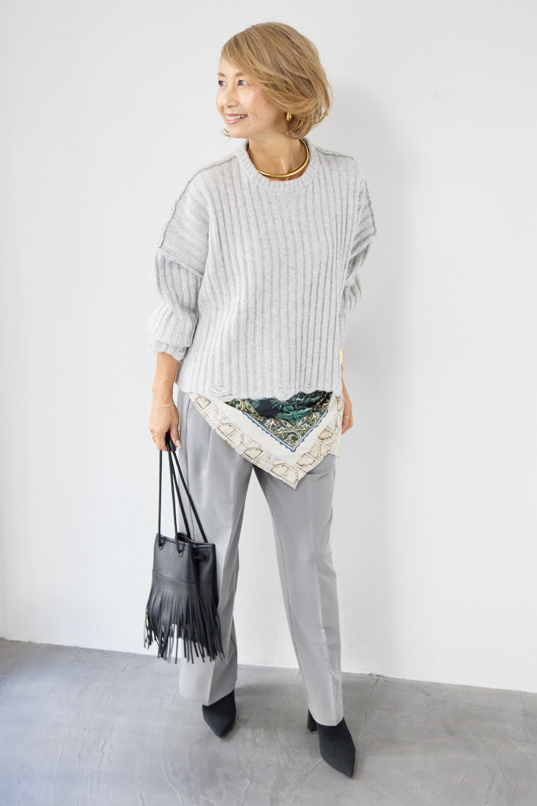 [SET]ダメージデザインニット+センタープレスタックパンツ(2set)