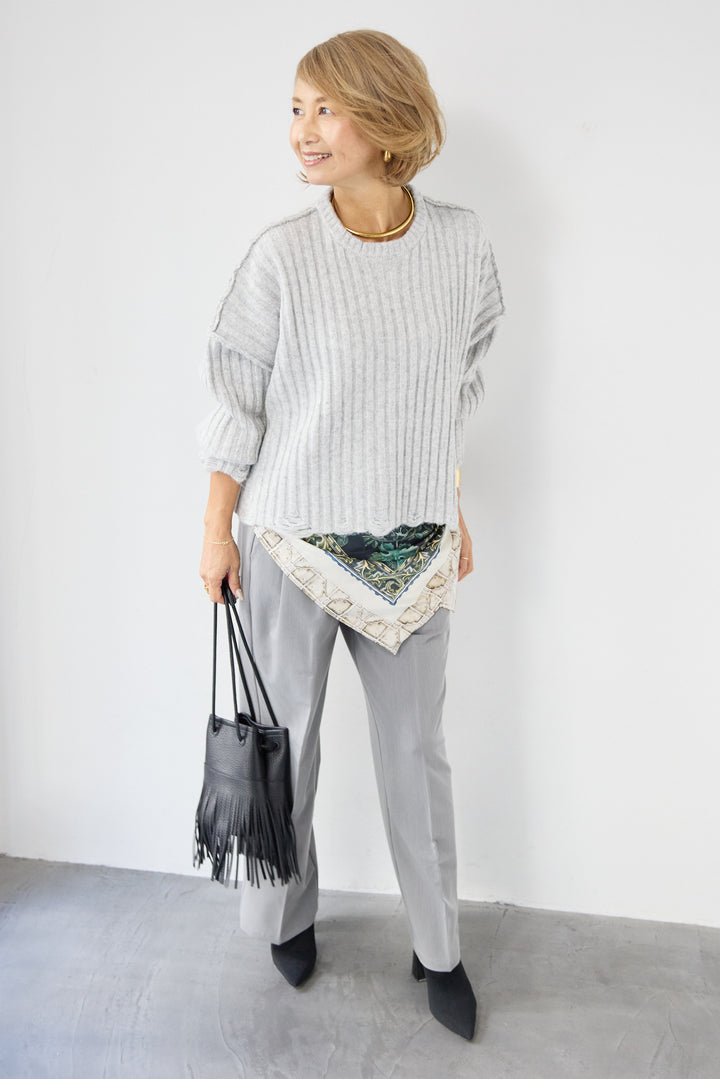 [SET]ダメージデザインニット+センタープレスタックパンツ(2set)