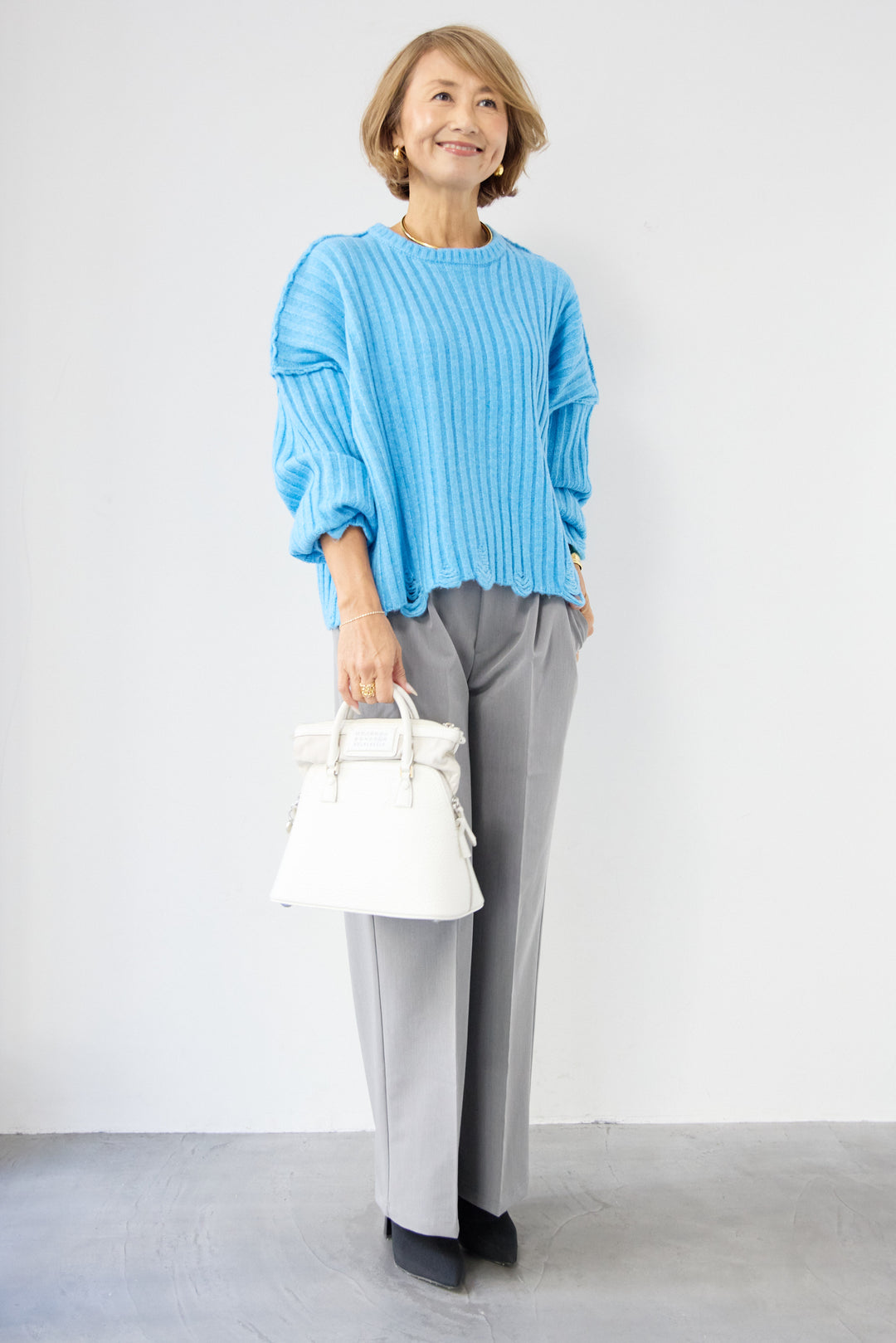 [SET]ダメージデザインニット+センタープレスタックパンツ(2set)