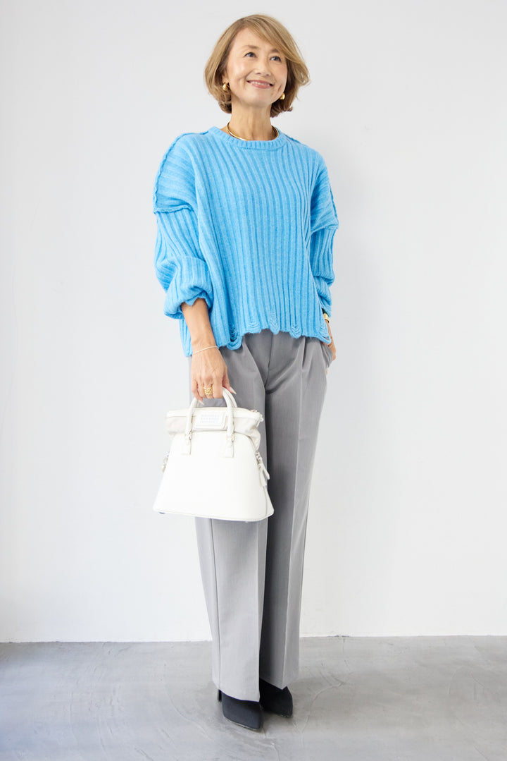 [SET]ダメージデザインニット+センタープレスタックパンツ(2set)