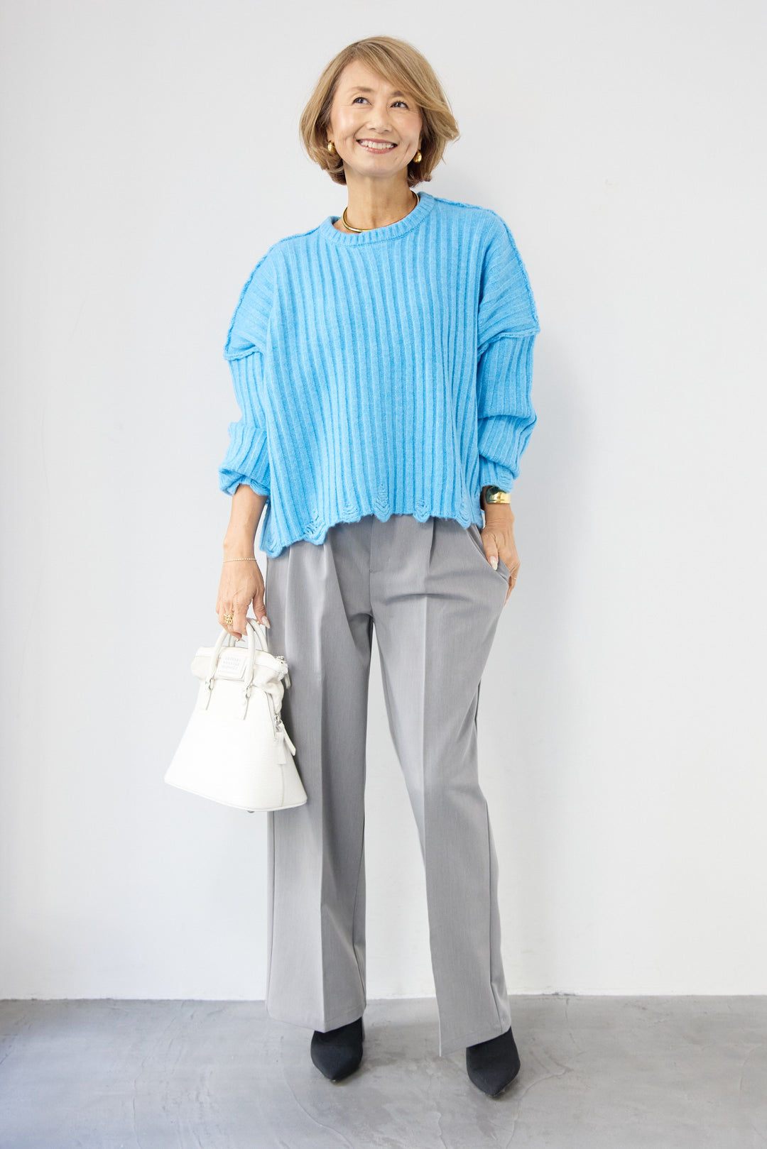 [SET]ダメージデザインニット+センタープレスタックパンツ(2set)