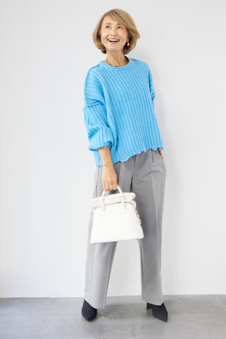 [SET]ダメージデザインニット+センタープレスタックパンツ(2set)