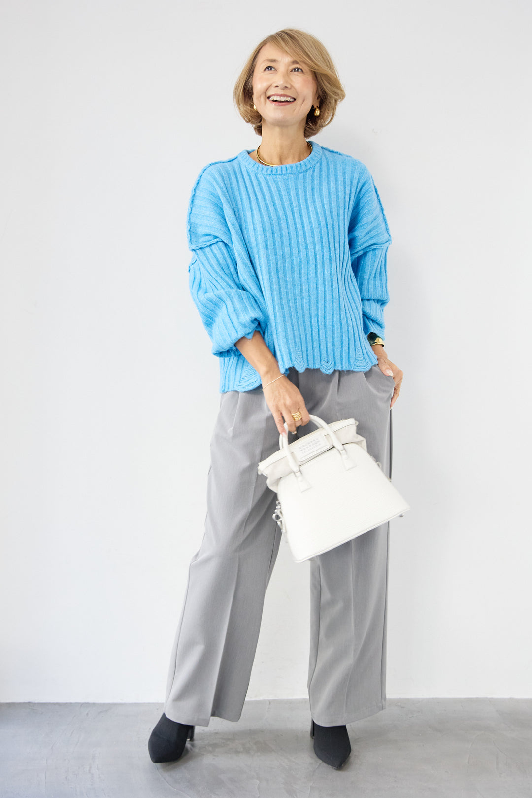 [SET]ダメージデザインニット+センタープレスタックパンツ(2set)