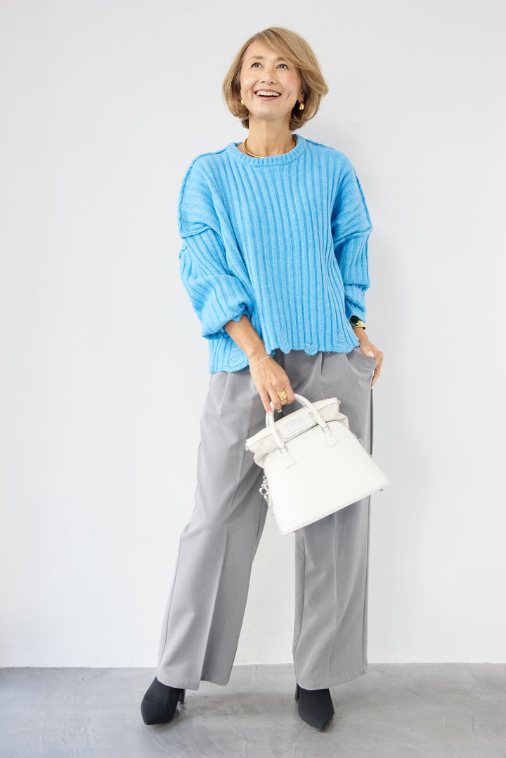 [SET]ダメージデザインニット+センタープレスタックパンツ(2set)