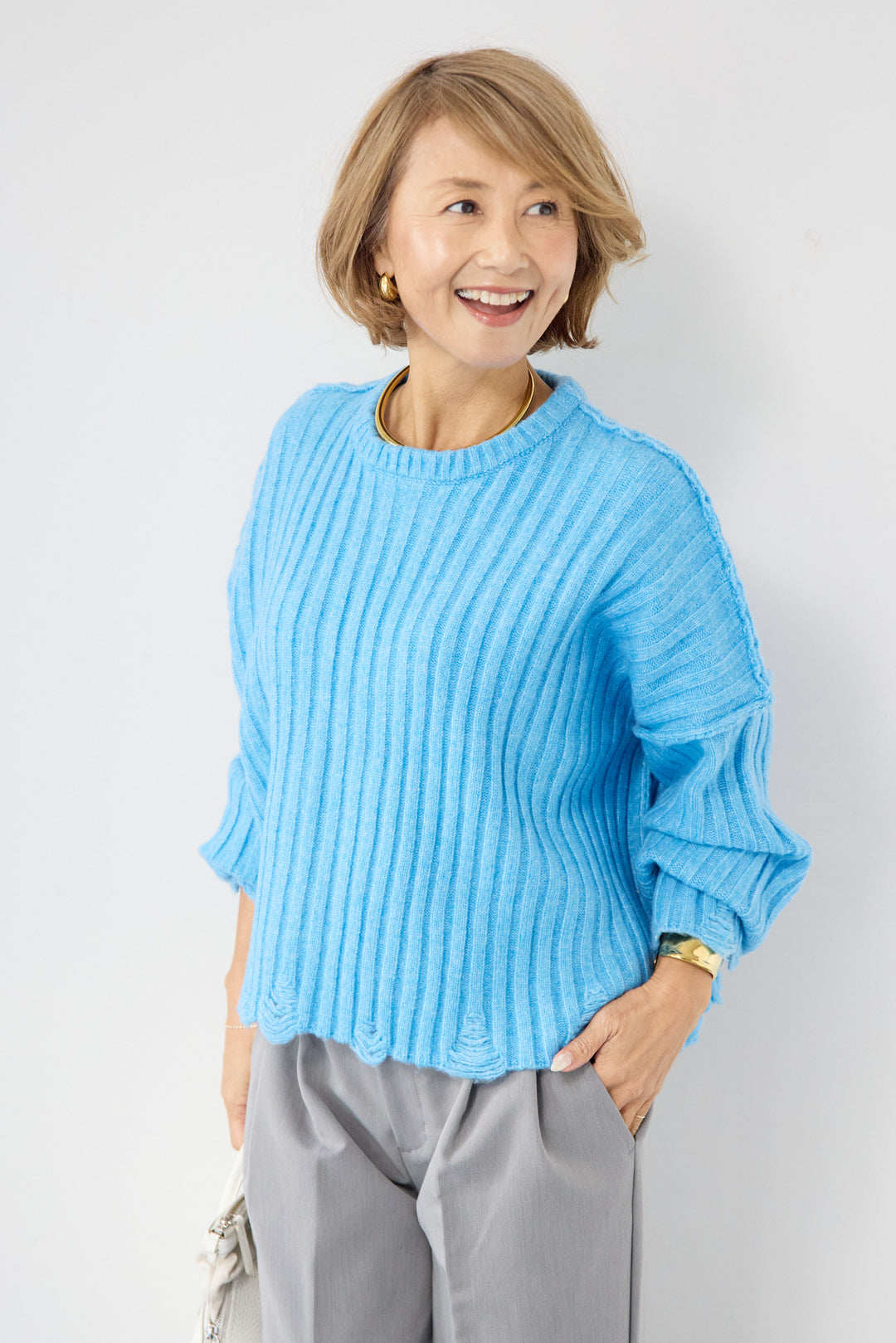 [SET]ダメージデザインニット+センタープレスタックパンツ(2set)