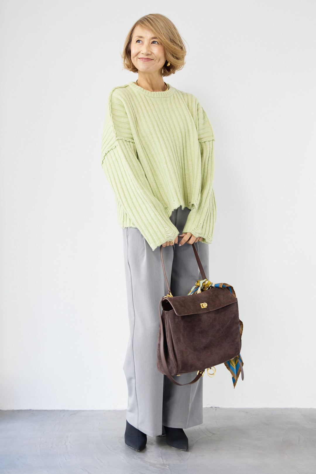 [SET]ダメージデザインニット+センタープレスタックパンツ(2set)