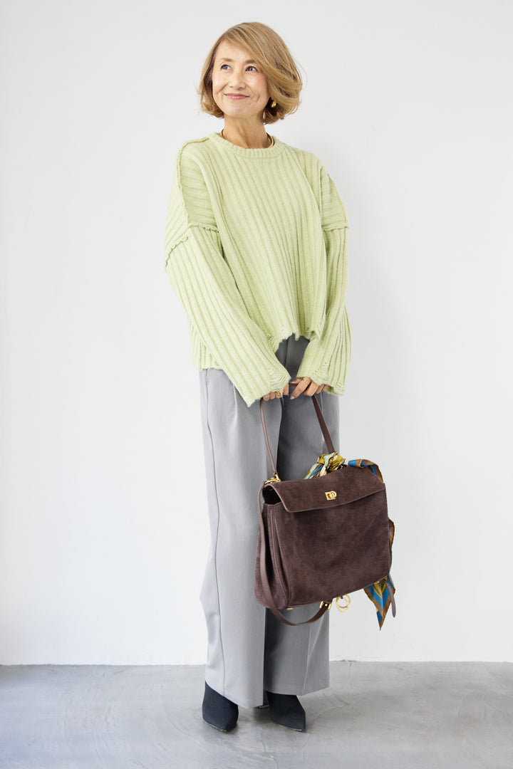 [SET]ダメージデザインニット+センタープレスタックパンツ(2set)