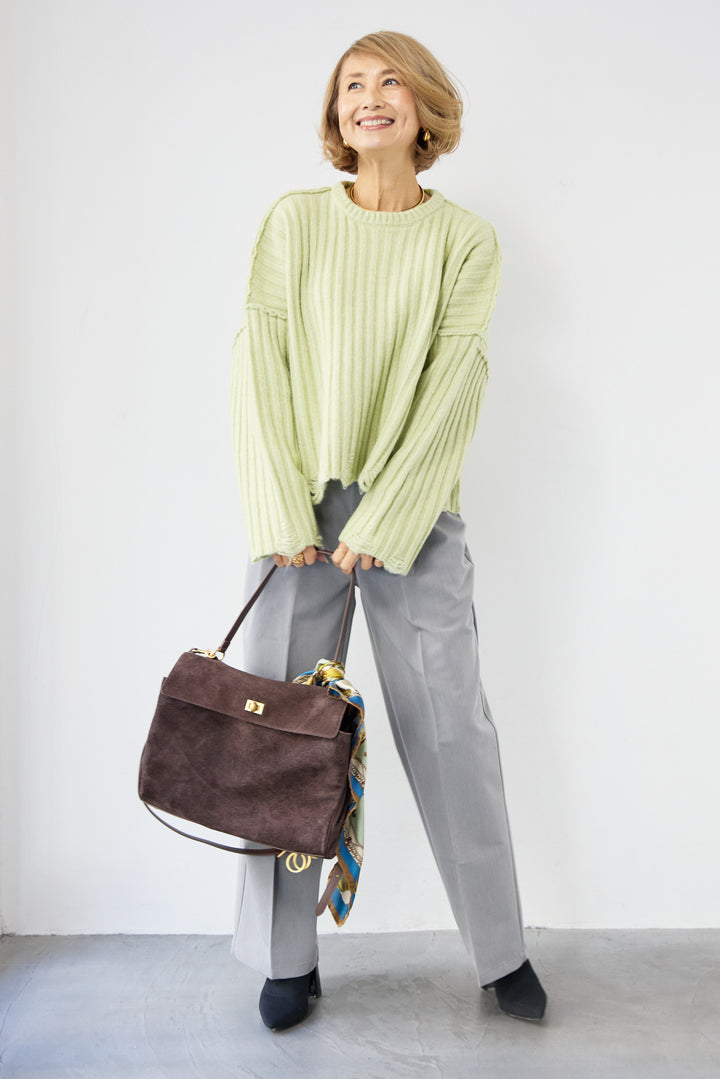 [SET]ダメージデザインニット+センタープレスタックパンツ(2set)