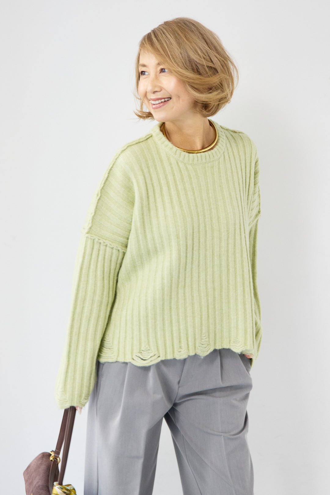 [SET]ダメージデザインニット+センタープレスタックパンツ(2set)