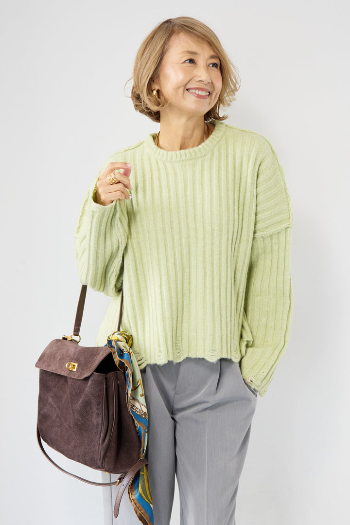 [SET]ダメージデザインニット+センタープレスタックパンツ(2set)