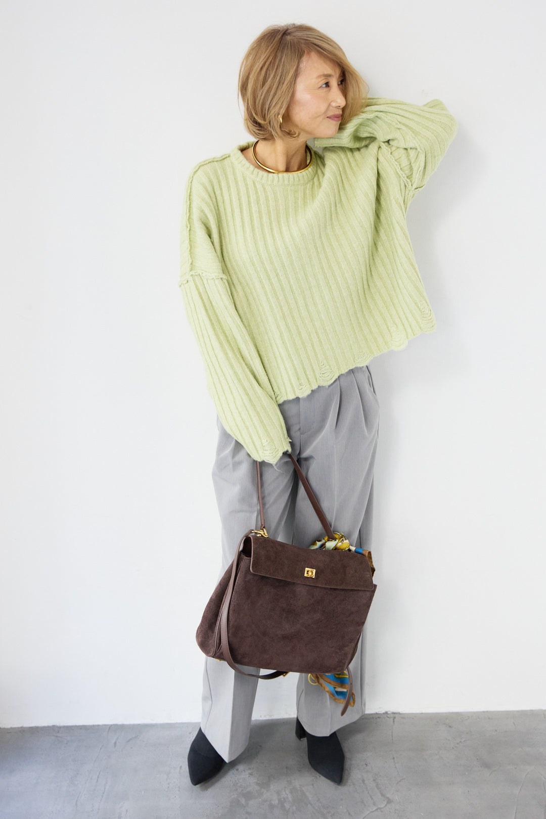 [SET]ダメージデザインニット+センタープレスタックパンツ(2set)