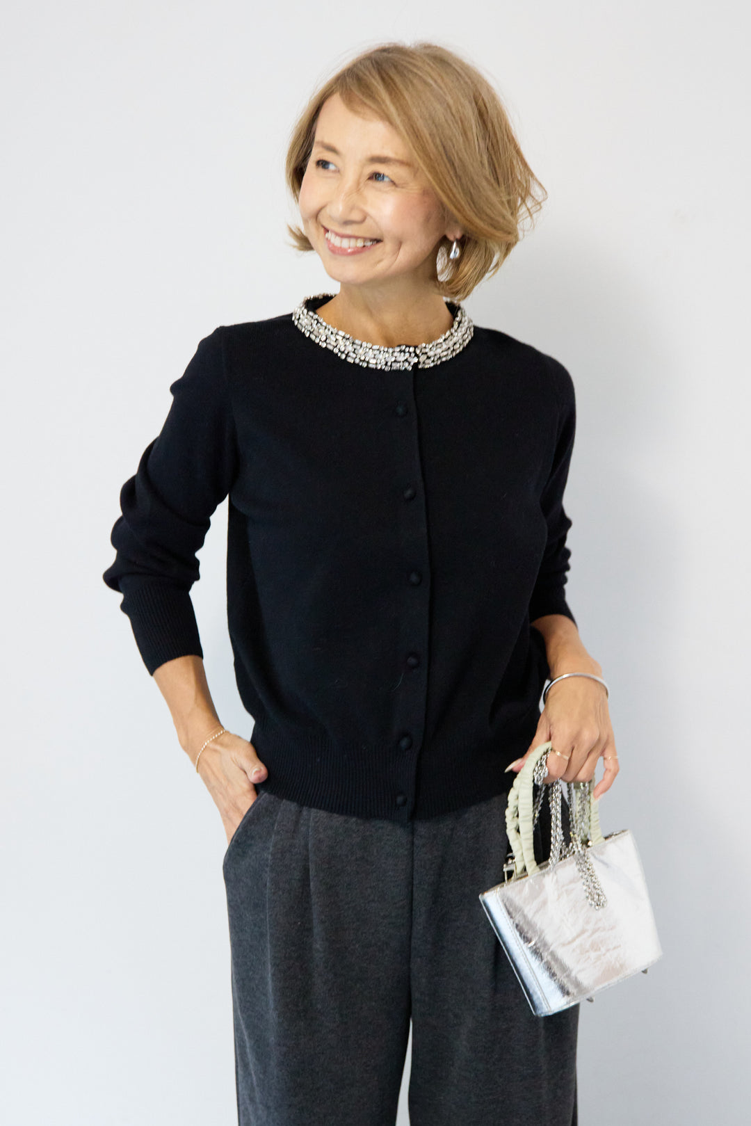 シルク混ビジューカーディガン