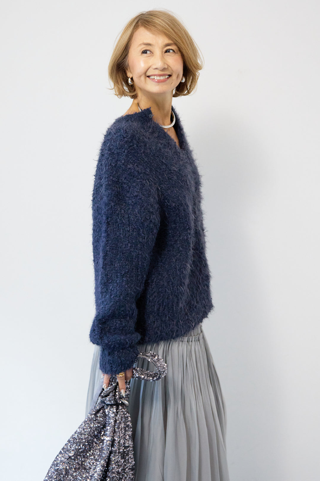 クルーネックシャギーカーディガン