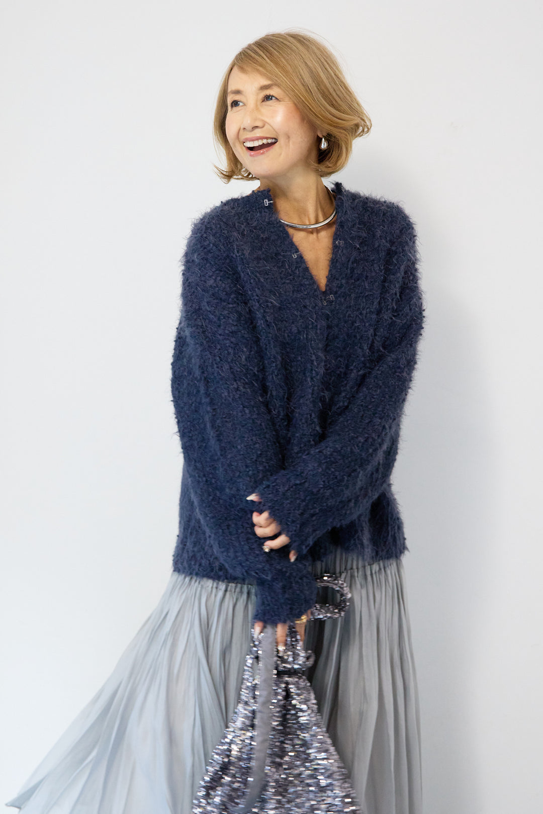 クルーネックシャギーカーディガン