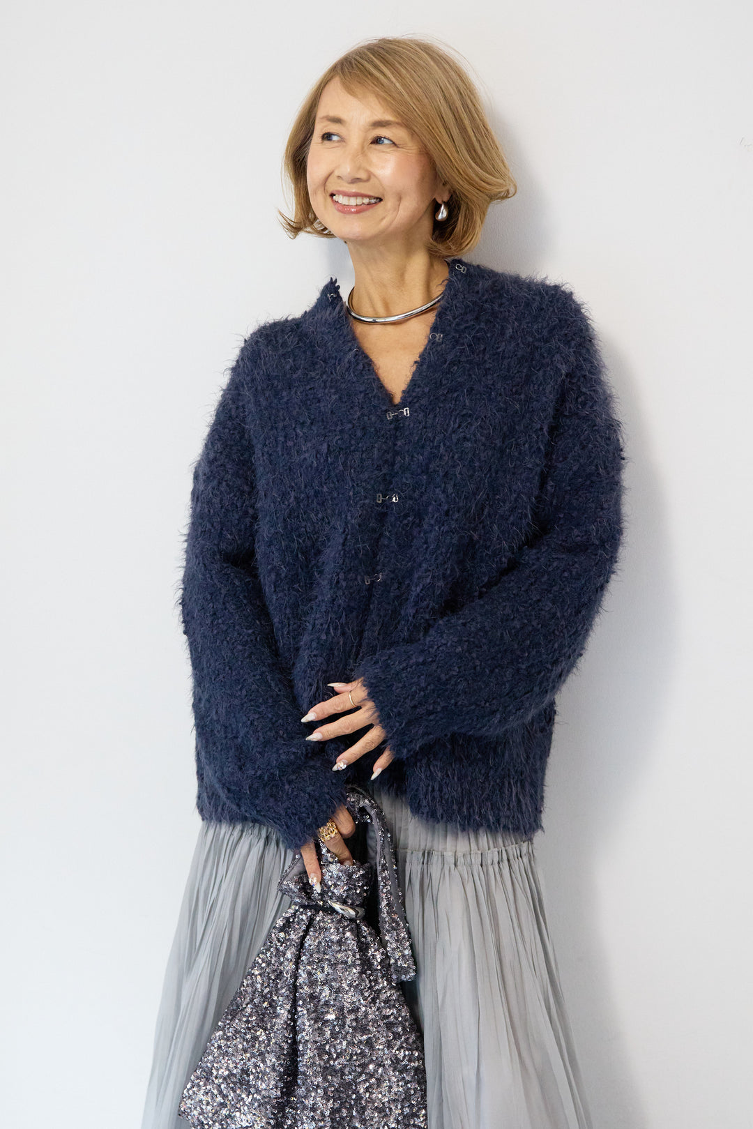 クルーネックシャギーカーディガン