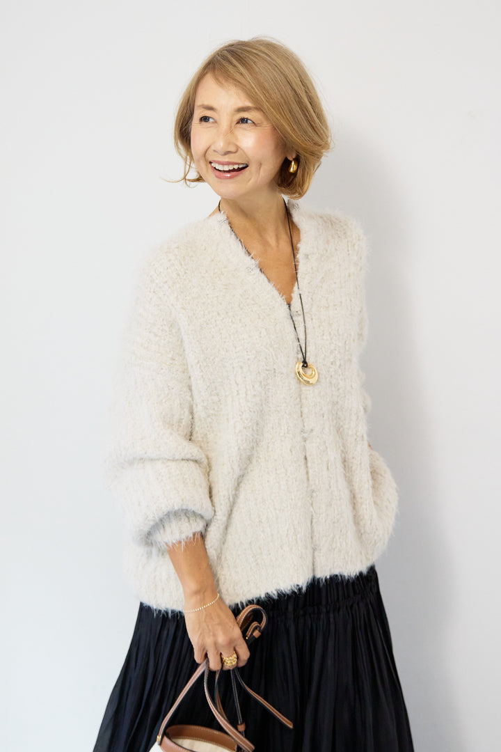 クルーネックシャギーカーディガン