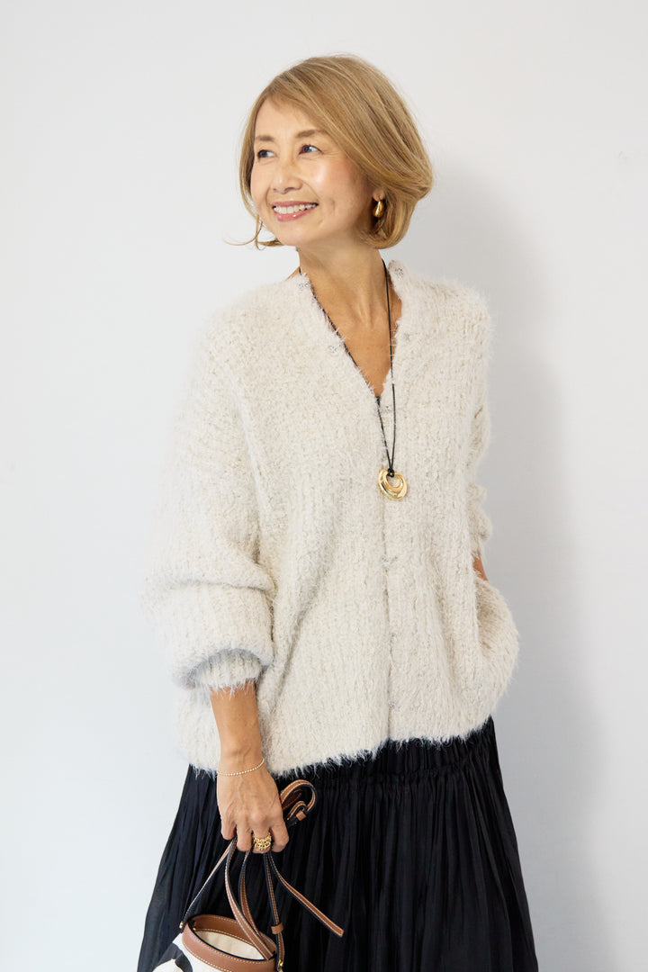 クルーネックシャギーカーディガン